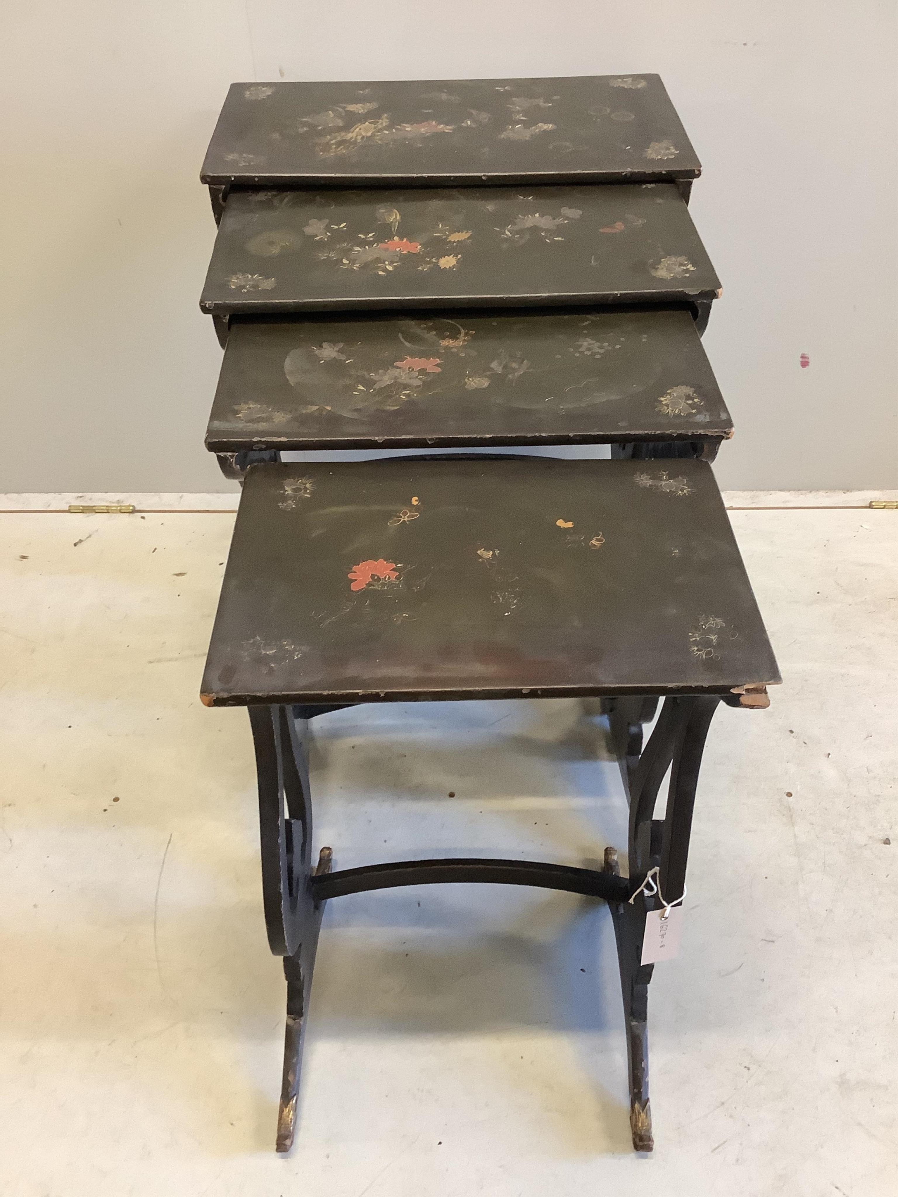 A quartetto of Chinese rectangular lacquered tea tables, width 53cm, depth 29cm, height 70cm. Condition - poor to fair